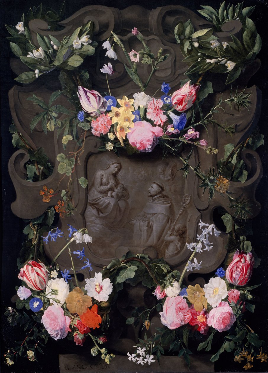 O Milagre de São Bernardo em uma Guirlanda de Flores, 1645-1655 de Daniel Seghers