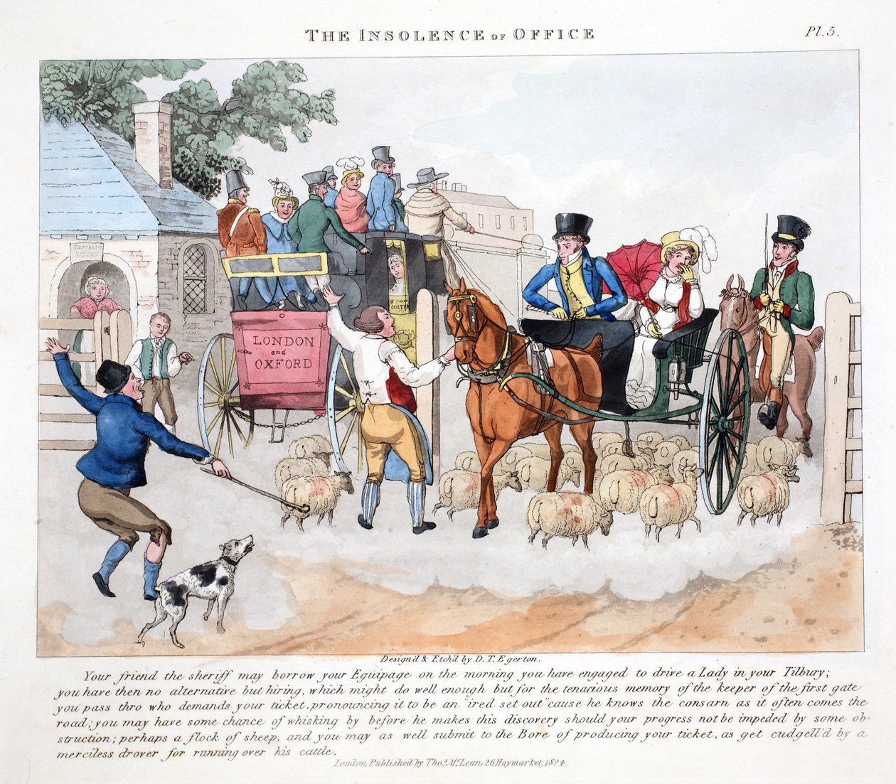 O Insolence of Office, ilustração de &39;Fashionable Bores or Coolers in High Life&39; por Peter Quiz, pub. Thomas McLean, Londres 1824 (gravura colorida à mão) de Daniel Thomas Egerton