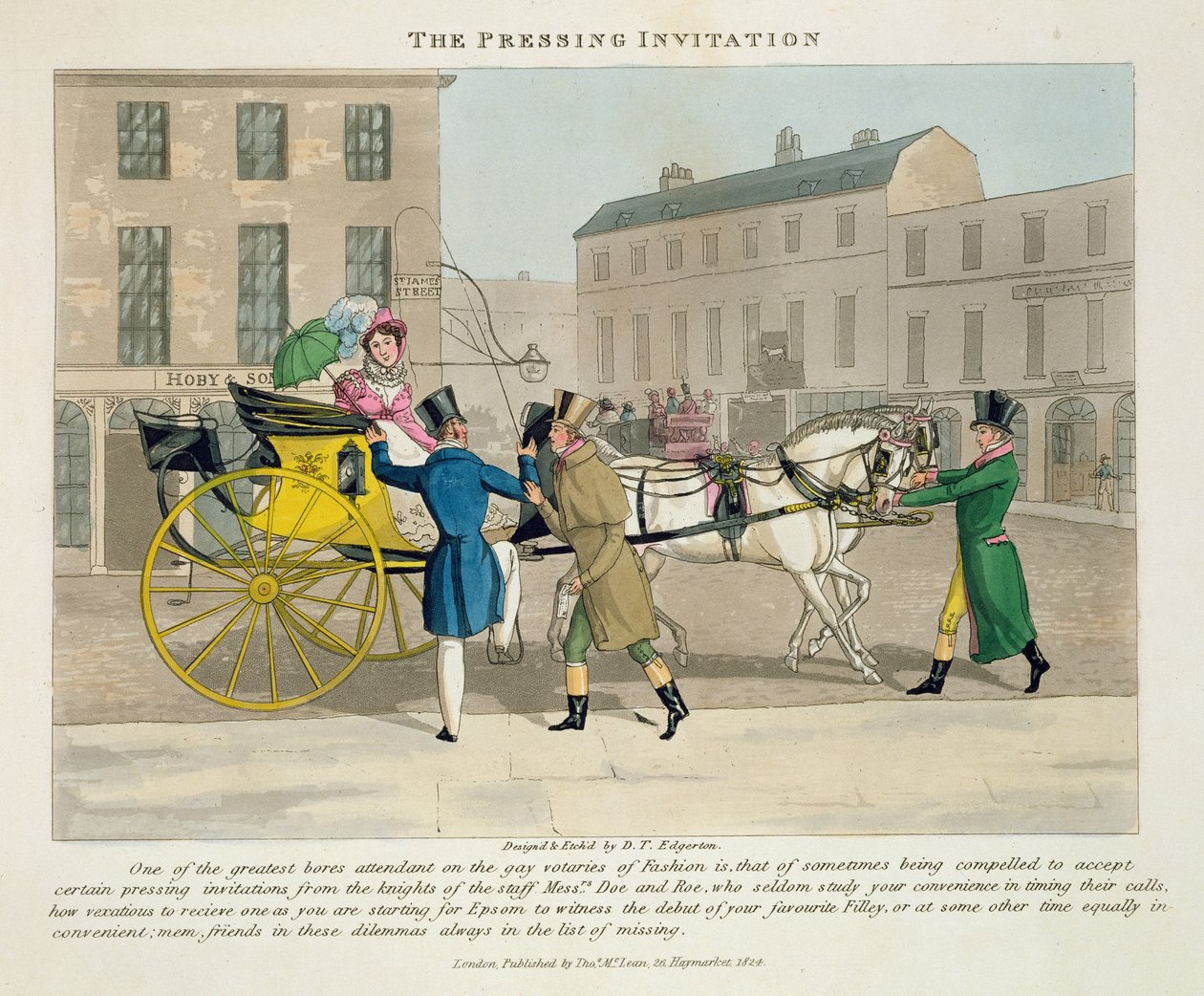 The Pressing Invitation, de &39;Fashionable Bores, ou Coolers in High Life, de Peter Quiz&39;, publicado em 1824 (aquatinta colorido à mão) de Daniel Thomas Egerton