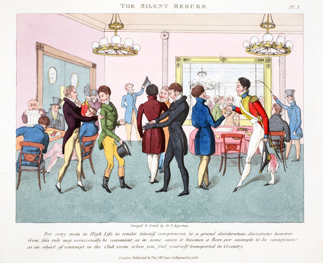 A repreensão silenciosa, ilustração dos "furos ou refrigeradores elegantes na vida alta" por Peter Quiz, bar. Thomas McLean, Londres 1824 (gravura colorida à mão) de Daniel Thomas Egerton