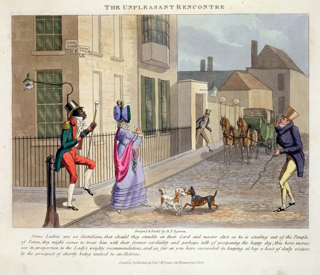 O desagradável Rencontre, de &39;Fashionable Bores, ou Coolers in High Life, de Peter Quiz&39;, publicado em 1824 (aquatinta colorida à mão) de Daniel Thomas Egerton