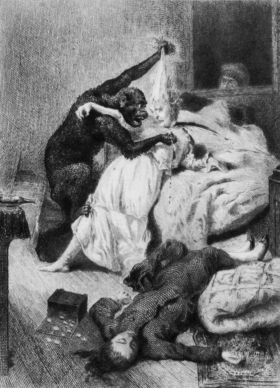 Ilustração de "The Murders in the Rue Morgue" de Edgar Allan Poe (1809-49) gravada por Eugene Michel Abot (1836-94) (gravura) (fotografia a preto e branco) de Daniel Urrabieta (after) Vierge