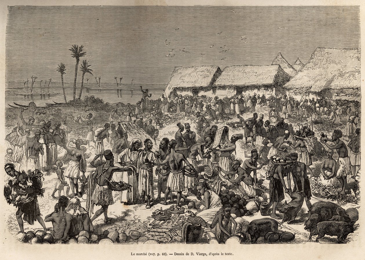 Uma marcha muito animada perto do rio Congo, reunindo mais de três mil pessoas, gravada após um desenho de D.Vierge, ilustrando o último diário de David Livingstone (1813-1873), em 1866-1873, publicado em "Le tour du monde" 1875, editado por Edouar de Daniel Urrabieta Vierge