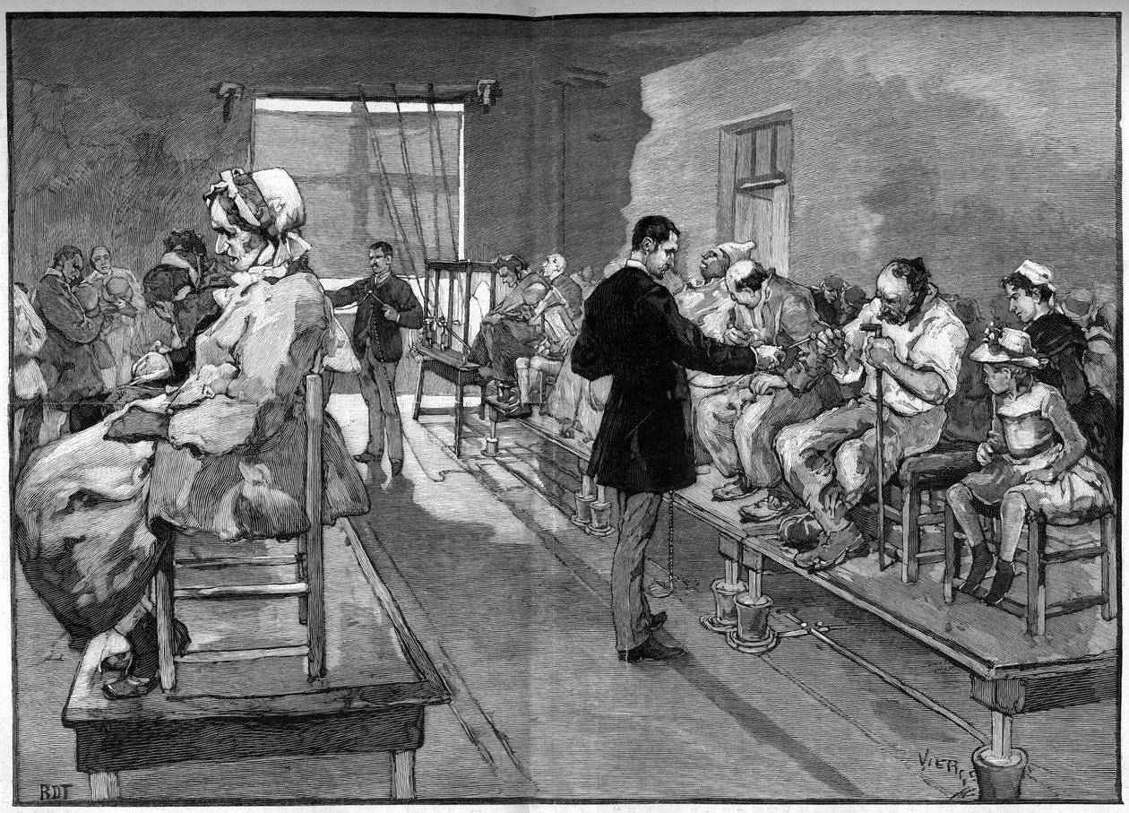 Eletroterapia dos Salpetriere, aqui os banhos elétricos e eletrificação localizada em 1887 de Daniel Urrabieta Vierge