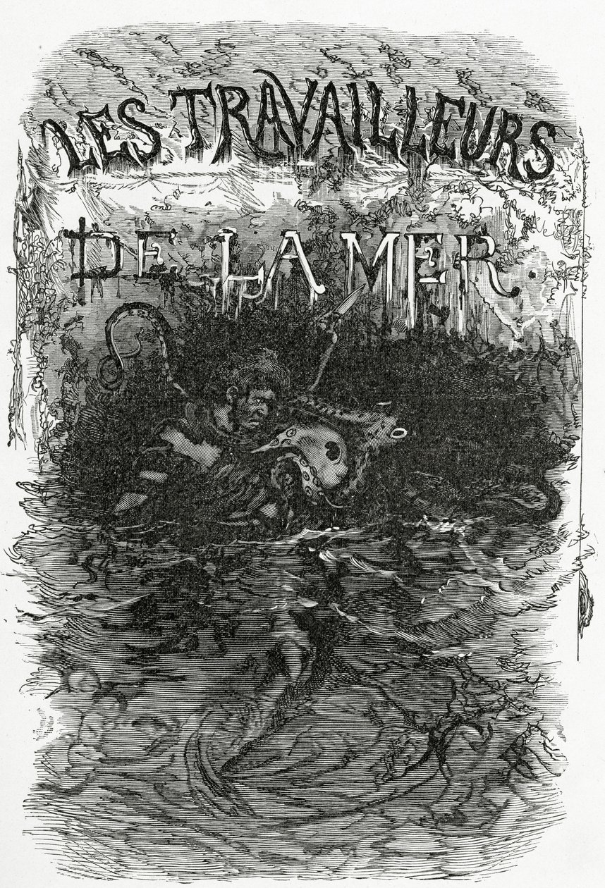 Ilustração para o romance Trabalhadores no mar, século XIX (gravura bw) de Daniel Urrabieta Vierge