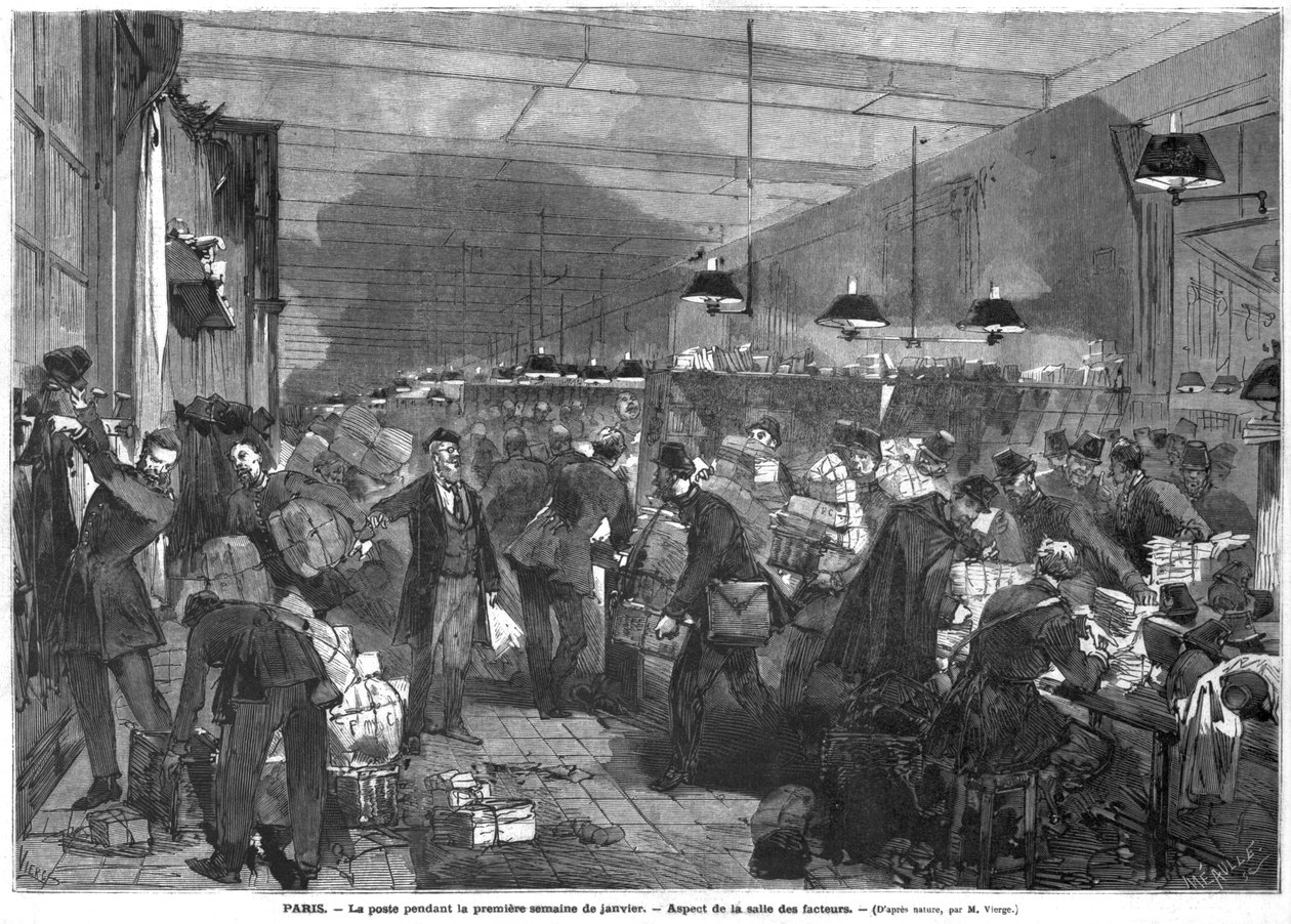 Interior dos correios de Paris durante a primeira semana de janeiro, a sala de carteiros, gravada por Fortune Louis Meaulle (1844-1901) de Daniel Urrabieta Vierge