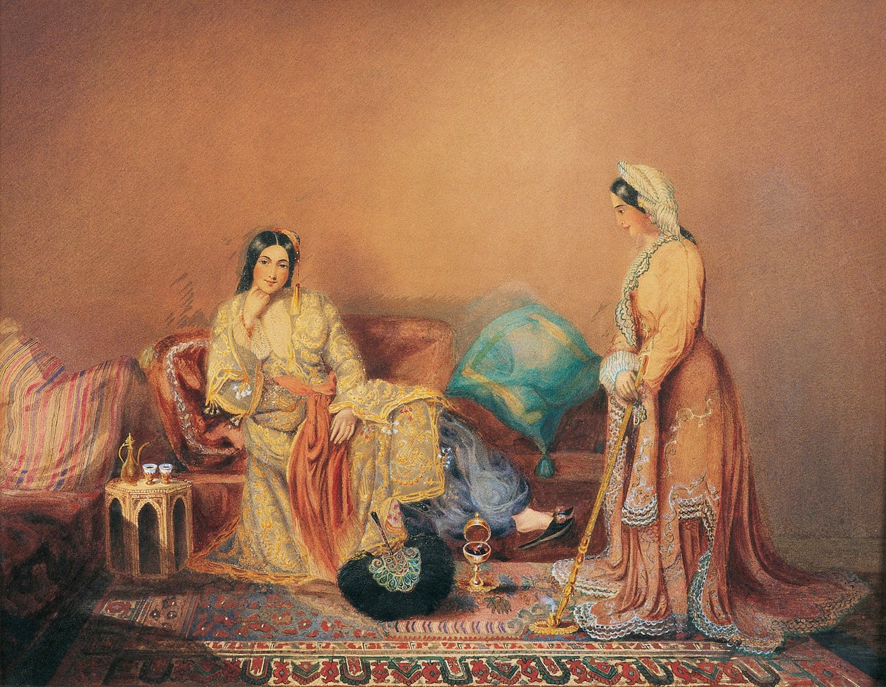 Phanariot Greek Ladies - Pintura por Daniel Valentine Riviere (1780-1854), técnica mista sobre painel de madeira, meados do século XIX, 38x de Daniel Valentine Rivière