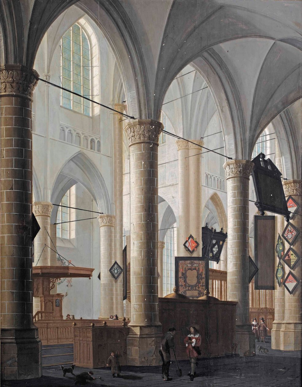 O interior do Grote Kerk em Dordrecht, com figuras conversando e crianças brincando de Daniel de Blieck