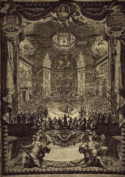 A Grande Festa de S.R.H. a Princesa de Laranja, celebrada em dezembro de 1686 no Salon du Bois em Haia, em homenagem ao aniversário do Príncipe de Laranja (gravura) de Daniel the Elder Marot