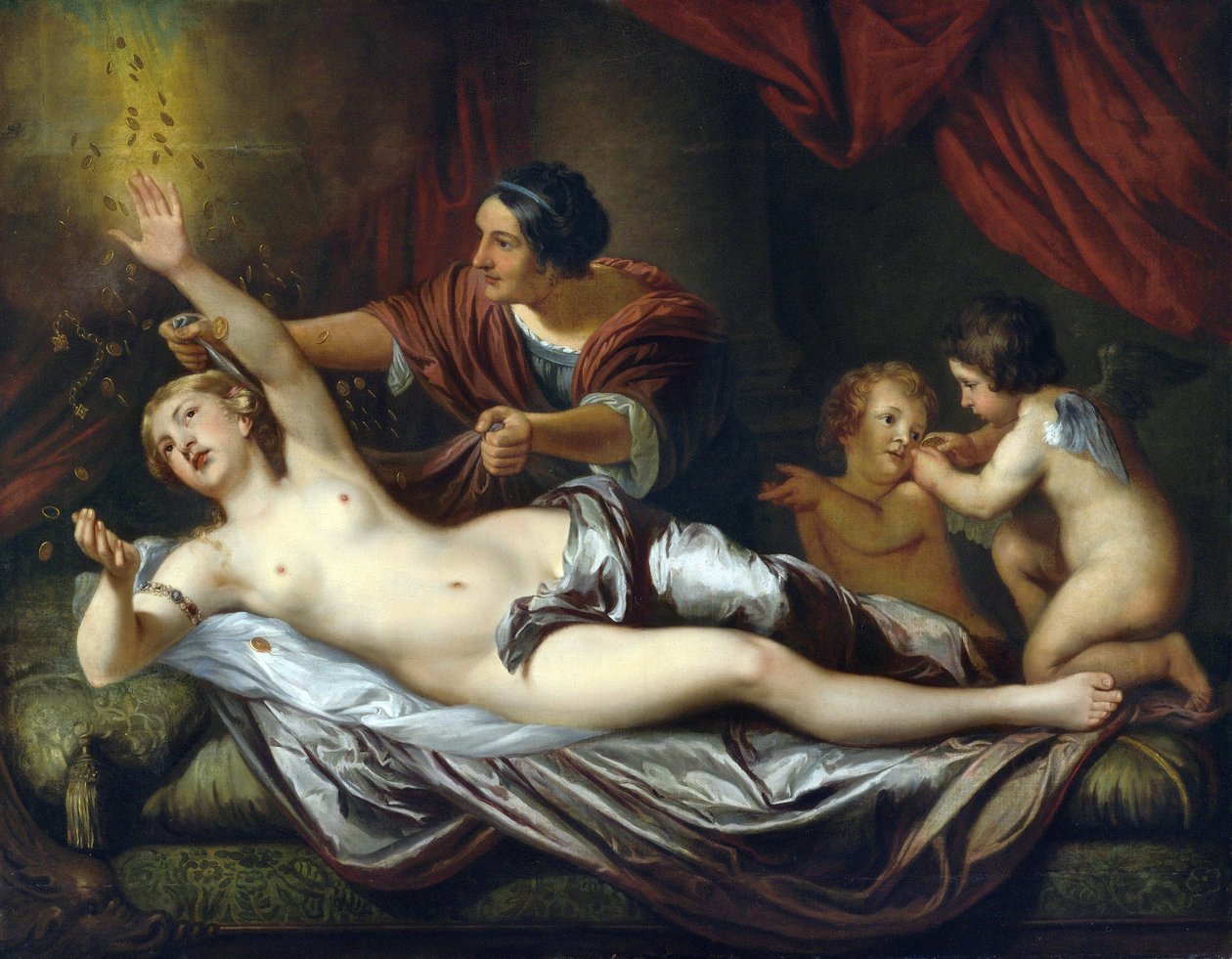 Danae par Mytens (Mijtens), Daniel, o Jovem (1644-1688). Óleo sobre tela, tamanho : 143x183,5, Segunda Metade do 17º cen., Colecção Privada de Daniel the Younger Mytens or Mijtens