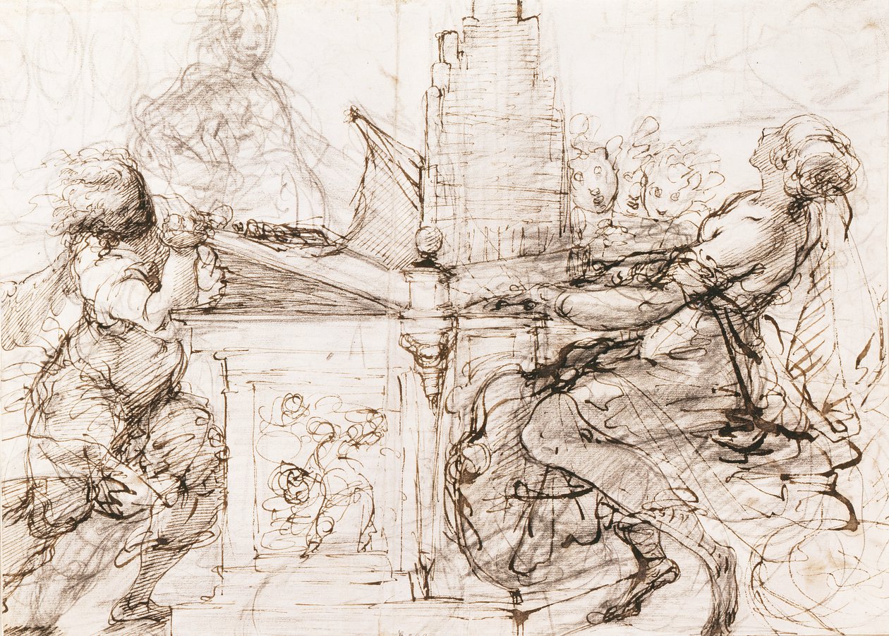 Santa Cecília de Roma tocando órgão (Santa Cecília no Órgão) - Obra de Daniele Crespi (1598-1630), giz e aquarela sobre papel de Daniele Crespi