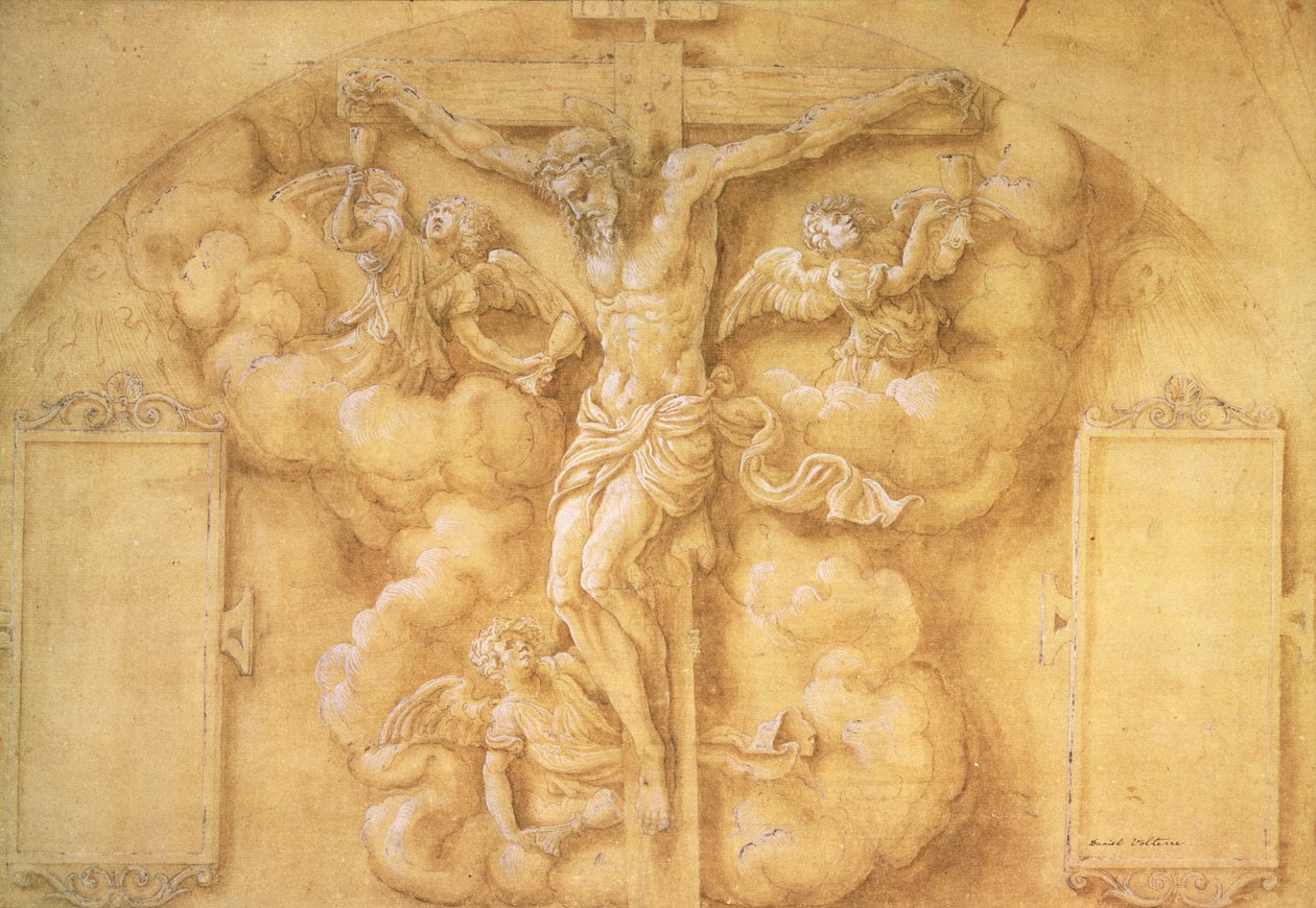 A Crucificação, 1547 (lápis aumentado com branco sobre papel) de Daniele da Volterra