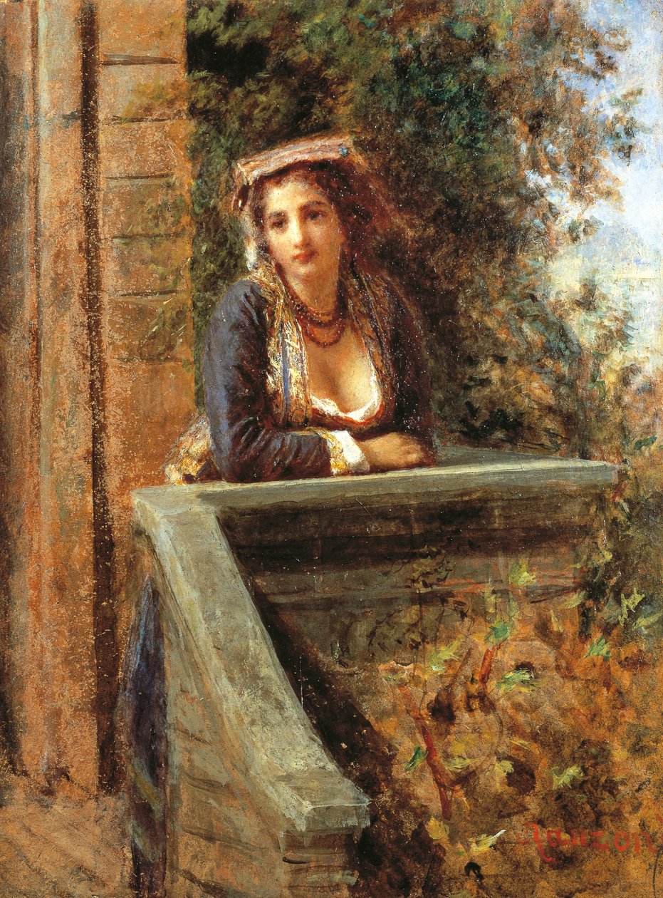 Jovem à janela ou jovem mulher na varanda, por Daniele Ranzoni (1843-1889), óleo sobre papel montado sobre madeira, 44x33 cm de Danielle Ranzoni