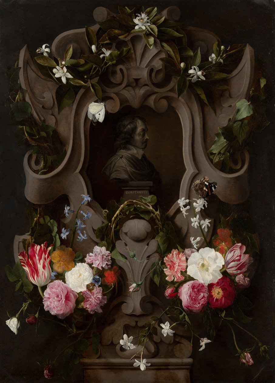 Cartucho de flores ao redor de um busto de Daniel Seghers