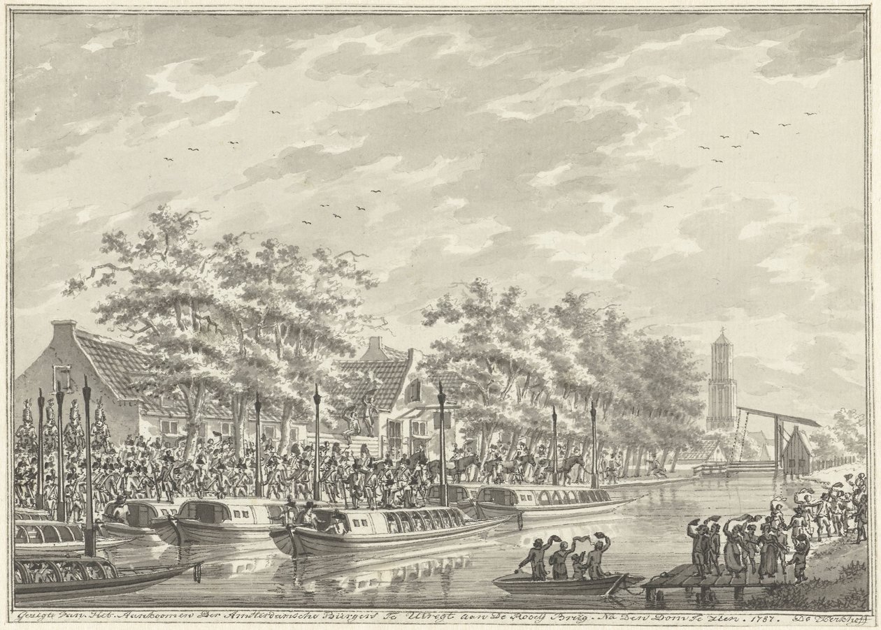 Chegada dos Amsterdammers em Utrecht, 1787 Vista Da Chegada Dos Cidadãos De Amsterdã Em Utregt At De Rooy Brug. Depois de Den Dom para ver. 1787. (título no objeto) de Daniël Kerkhoff