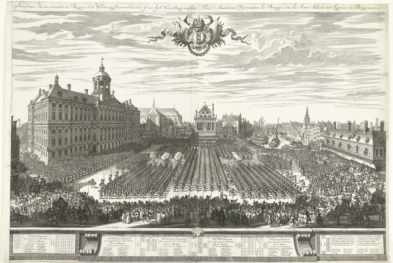 Homens armados na Praça Dam durante a Feira de Amsterdã, 1686 Feira de Amsterdã mostrando o Burgery in the Weapons, sig Apresentando aaen de Groot Agtb: Heeren Burgermeesteren (título no objeto) Foire d