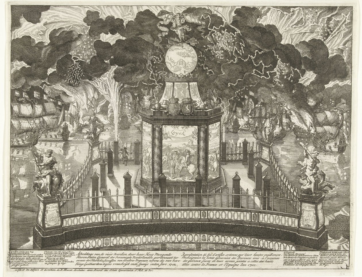 Fogos de artifício no Hofvijver celebrando a vitória em Vigo, 1702
Ilustração dos fogos de artifício encomendados por Sua Alta Majestade o General dos Estados Unidos da Holanda por ocasião dos gloriosos sucessos das suas armas ao lado de Daniël Marot (I)