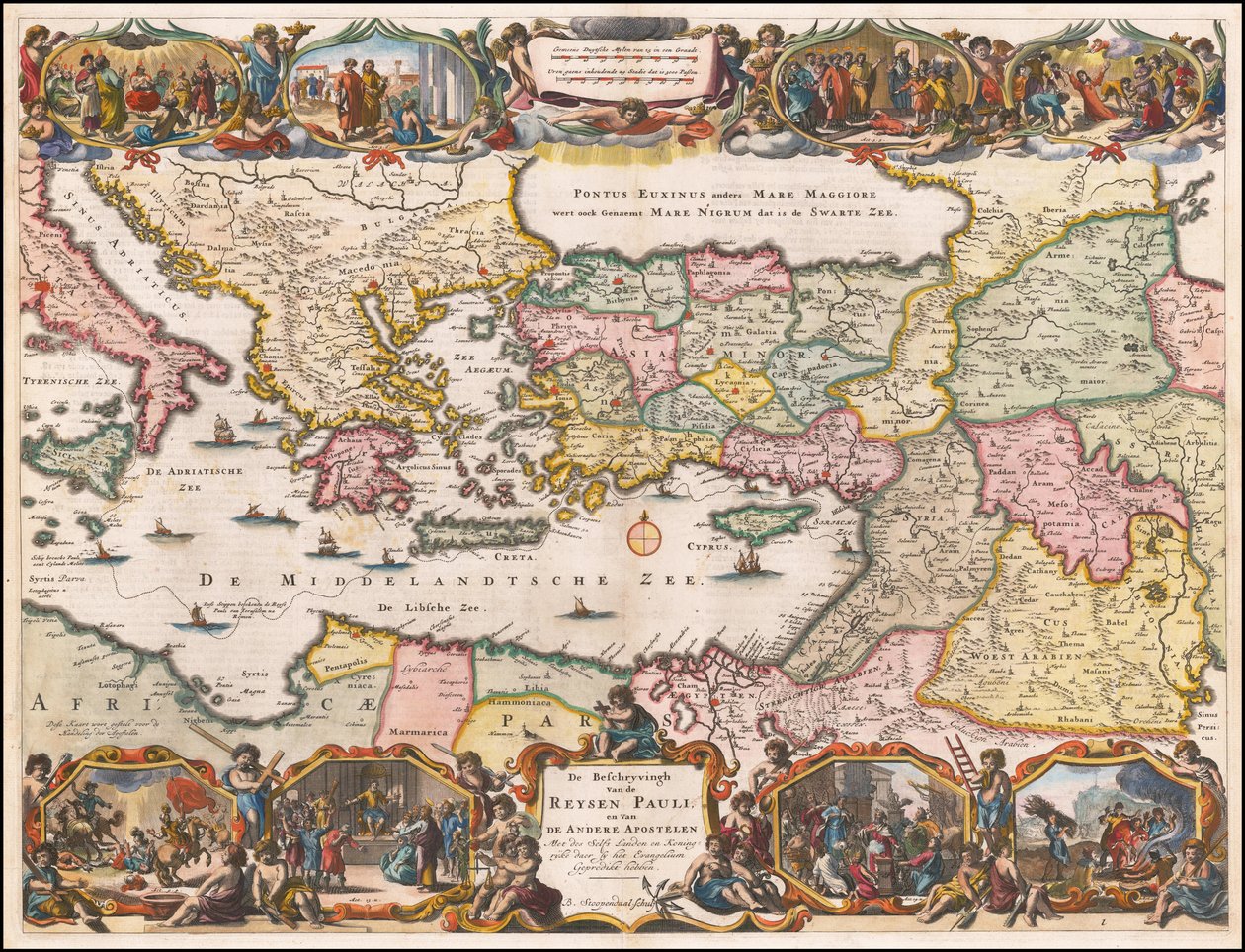 Mapa holandês de 1695 do Mediterrâneo Oriental, mostrando as viagens de S. Paulo de Daniël Stopendaal