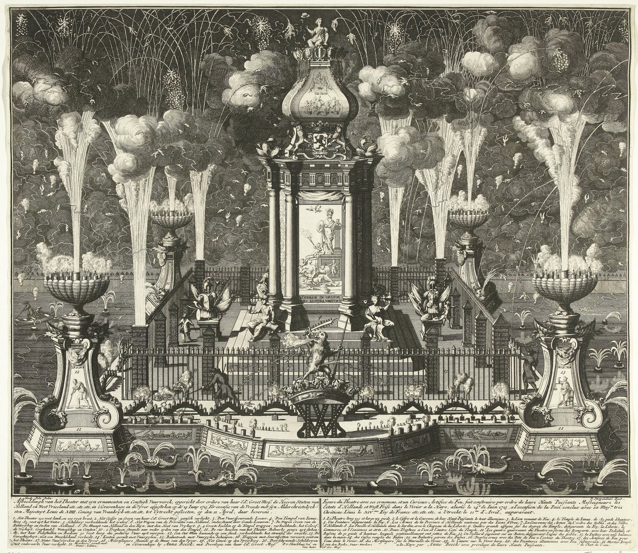 Fogos de artifício na celebração do Tratado de Utrecht, 1713
Imagem do teatro com ornamentos sinfónicos e fogo de artifício constante, erigido por ordem de Sua Majestade os Estados dos Lordes da Holanda e da Frísia Ocidental (...) em 