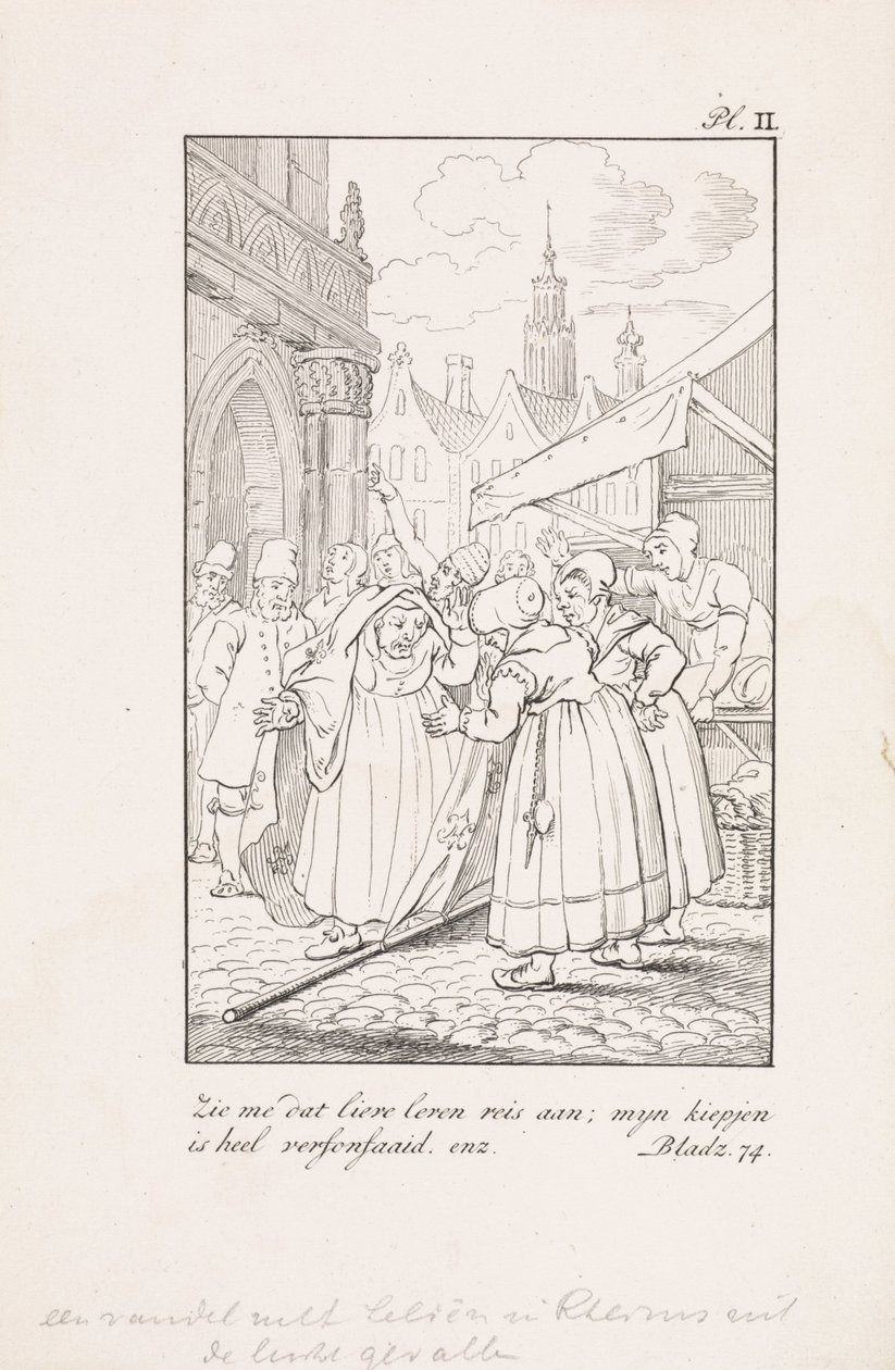 Mulheres em uma banca de mercado com uma bandeira com lírios franceses Banner com lírios em Reims caídos do céu Olhe para mim essa doce jornada de vida; meu frango está muito desgrenhado etc (título no objeto) de Daniël Veelwaard (I)