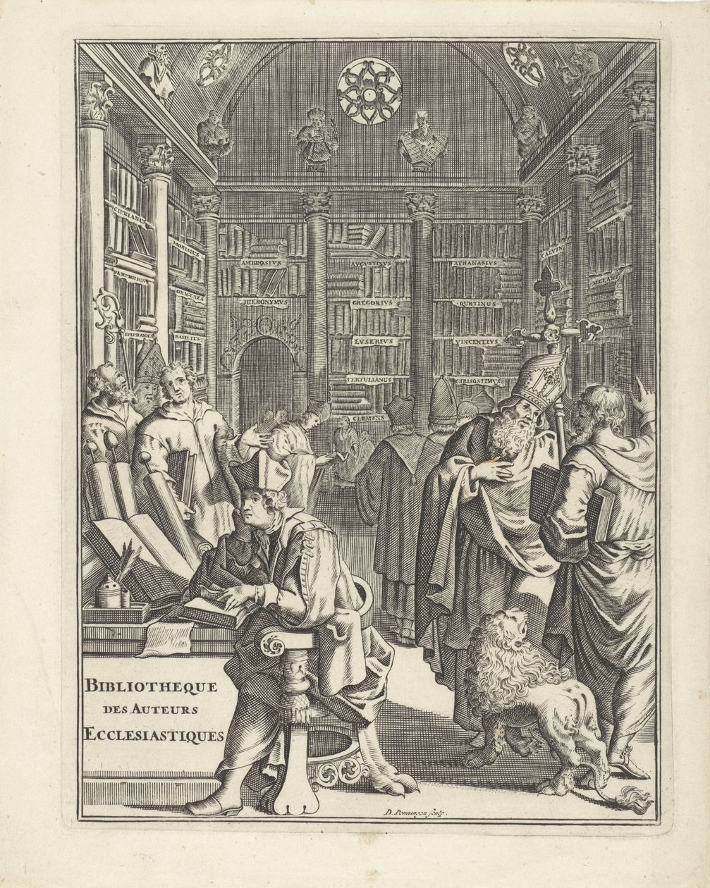 Interior da biblioteca com clero Folha de rosto para: Bibliotheque des Authors Ecclesiastiques, sem ano de Daniël met de Penningen