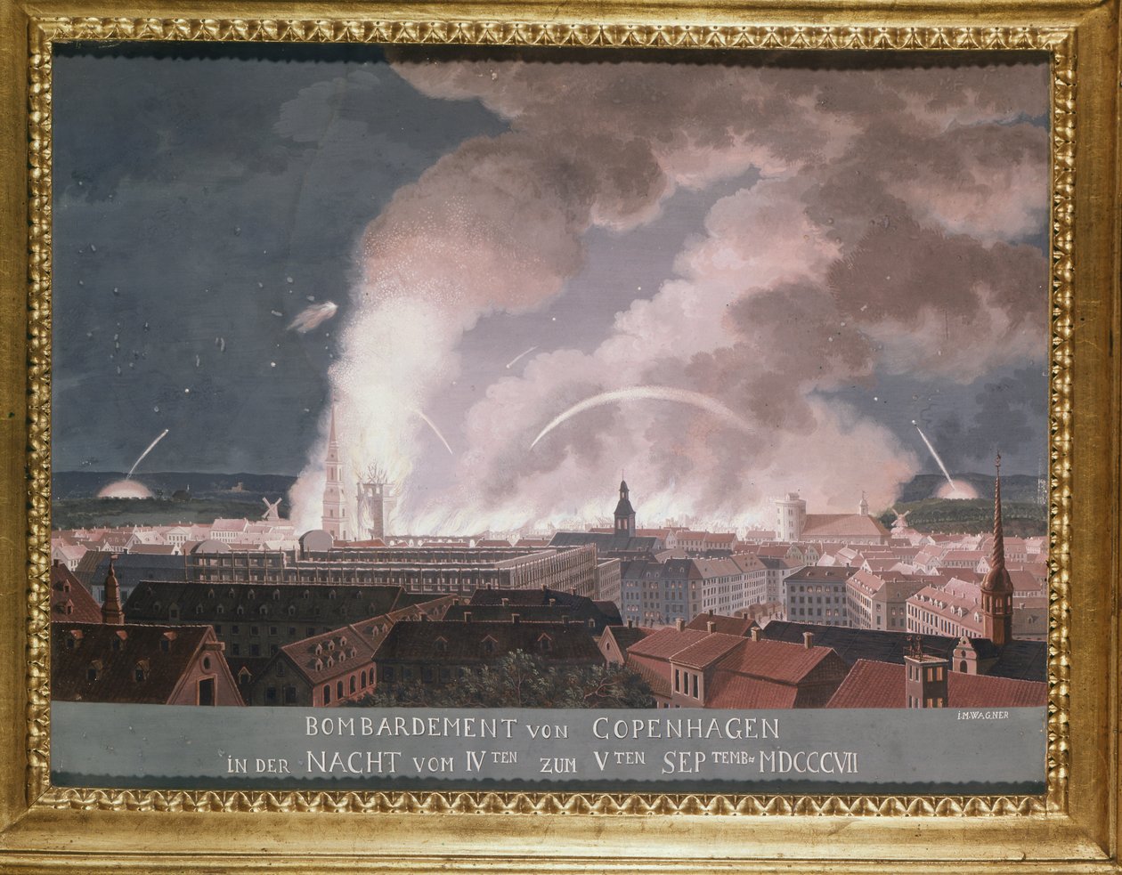 A segunda batalha de Copenhague (ou o bombardeio de Copenhague) 1807 de Danish School