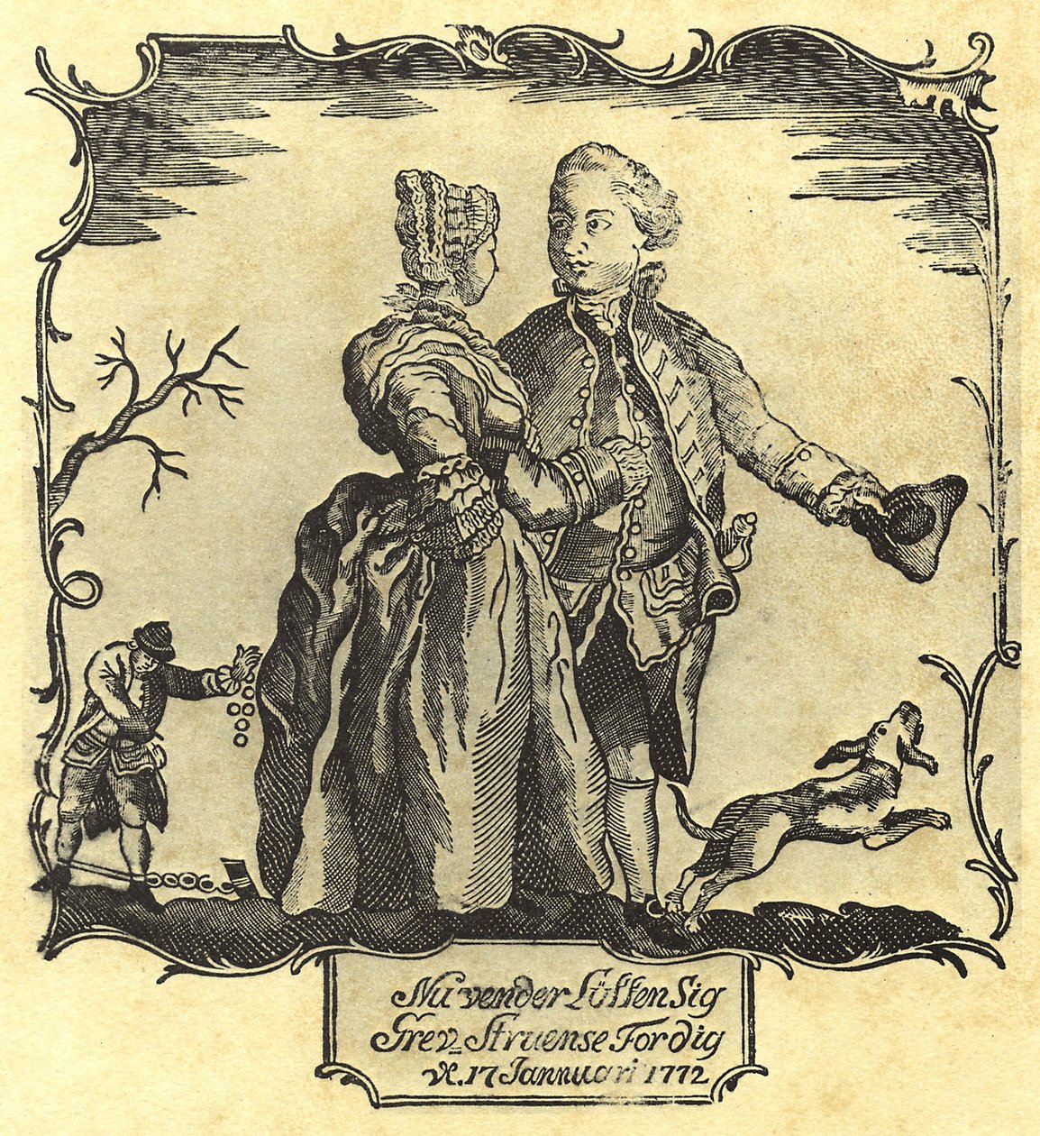 A sorte vira-se para si, Conde Struensee! 1772 (xilogravura) de Danish School