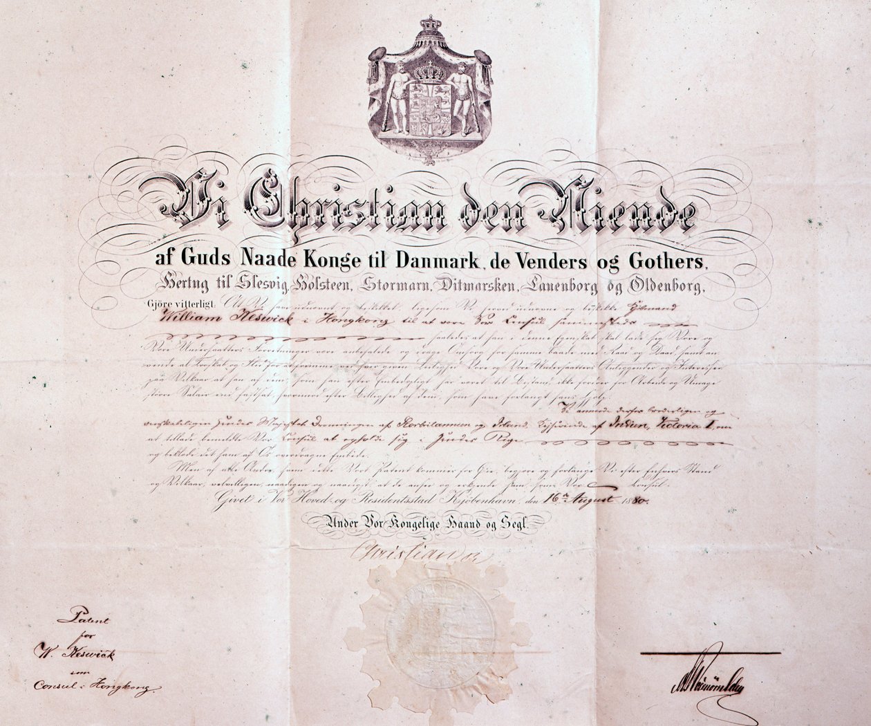 Patente assinada por Christian IX da Dinamarca que nomeou William Keswick como cônsul dinamarquês em Hong Kong, China, 1880 de Danish School