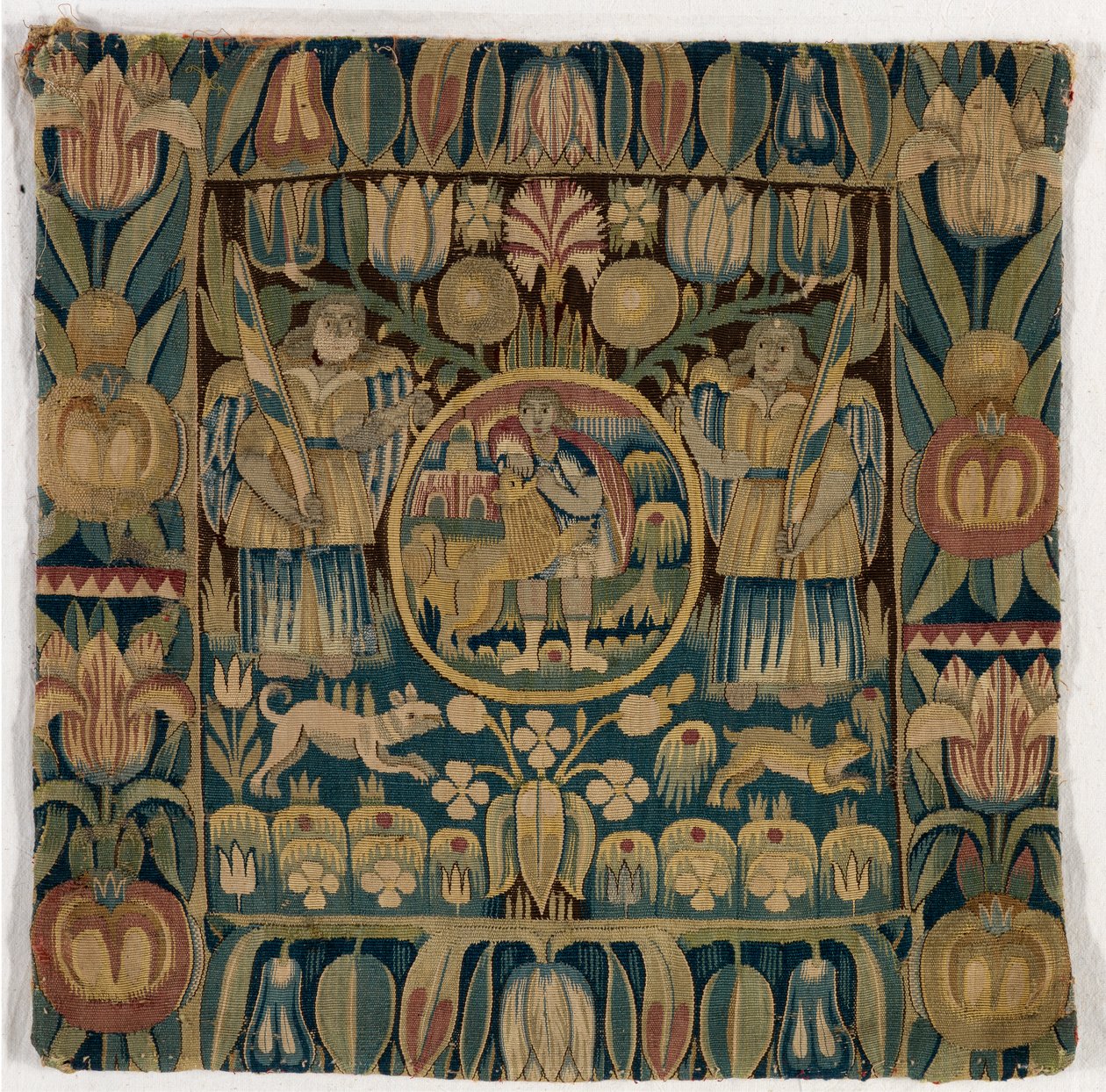 Almofada de tapeçaria representando Sansão a matar o leão, fabricada em Schleswig-Holstein, Dinamarca, c.1615 (lã) de Danish School