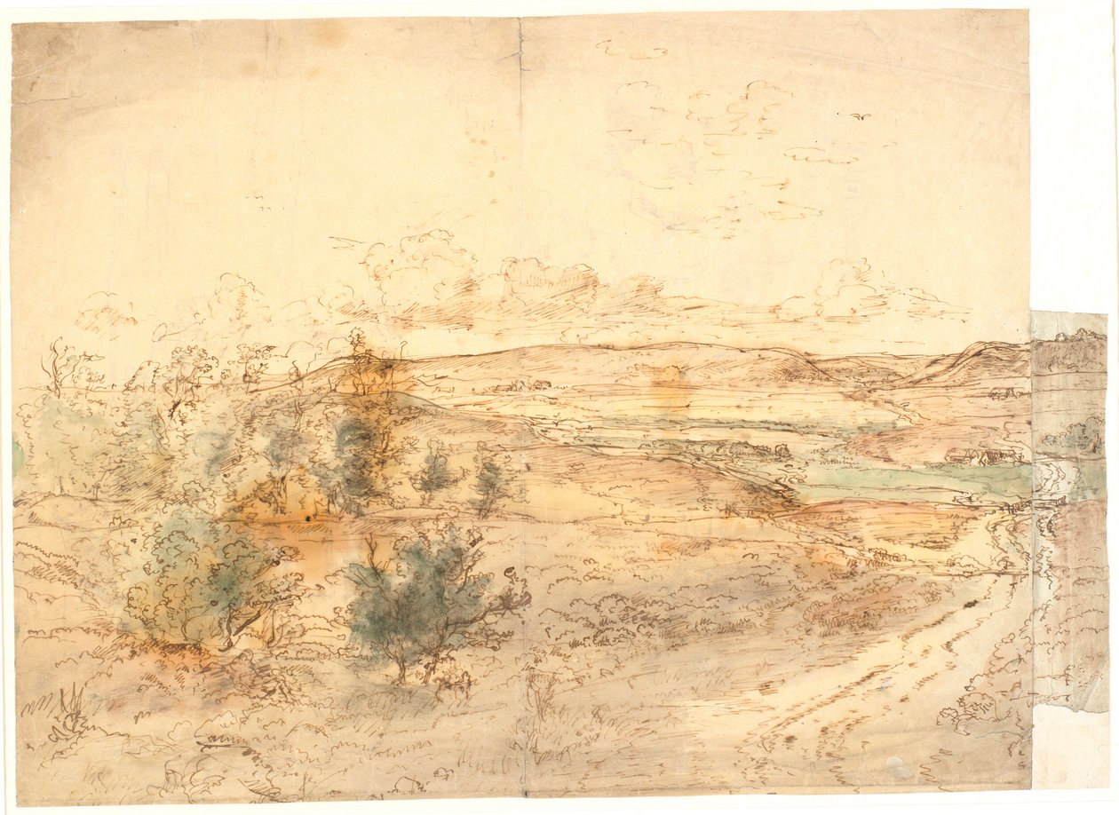 Ampla vista sobre uma paisagem com grandes colinas em torno de um prado. Oeste de Funen? de Dankvart Dreyer