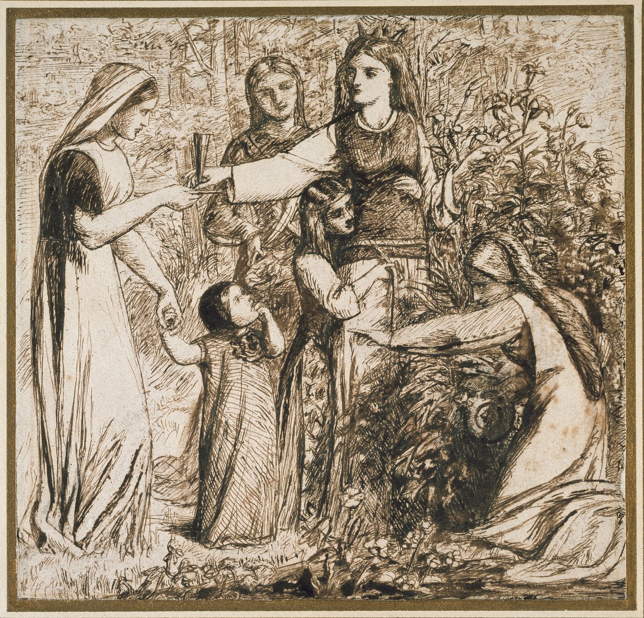 A Visão de Matilde, de Dante, reunindo Flowers, 1855 (caneta e tinta marrom sobre papel branco) de Dante Gabriel Charles Rossetti