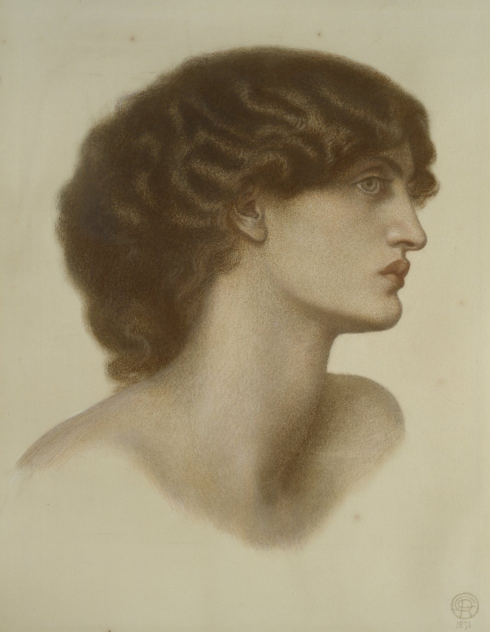 Perlascura, 1871 (gizes vermelhos e marrons aumentados com branco, em papel verde claro) de Dante Gabriel Charles Rossetti