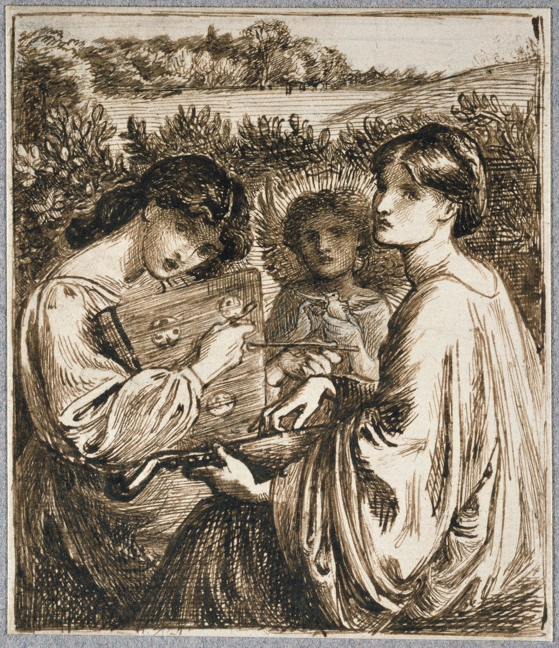 Estudo para &39;The Bower Meadow&39;, século XIX (caneta e tinta marrom sobre papel) de Dante Gabriel Charles Rossetti