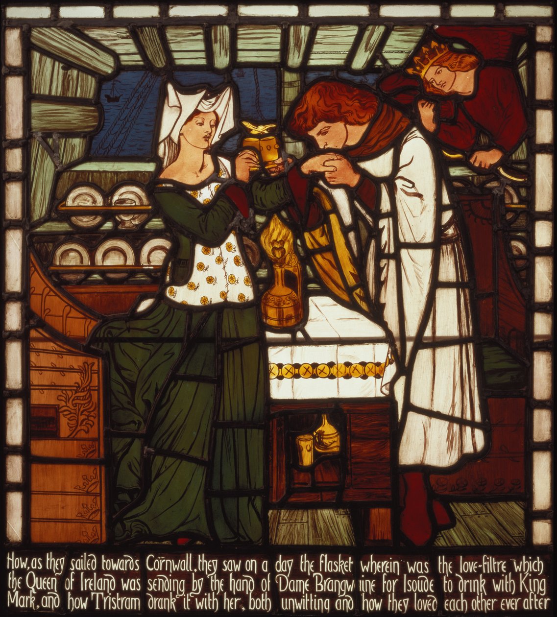 A poção do amor, destinada a Isolda, a feira e o rei Marcos da Cornualha, mas embriagada por Tristan e Isolda, a feira, de "A história de Tristão e Isolda", William Morris und Co. (vitral) de Dante Gabriel Charles Rossetti