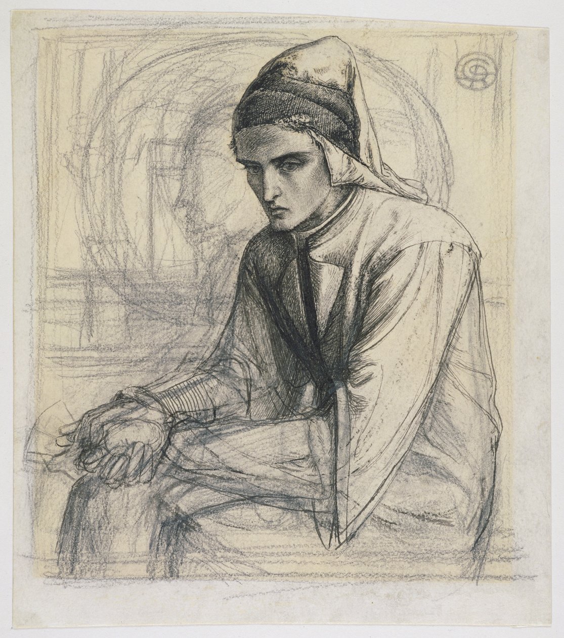 Dante em meditação segurando uma romã, c.1852 (caneta e tinta sobre papel) de Dante Gabriel Charles Rossetti