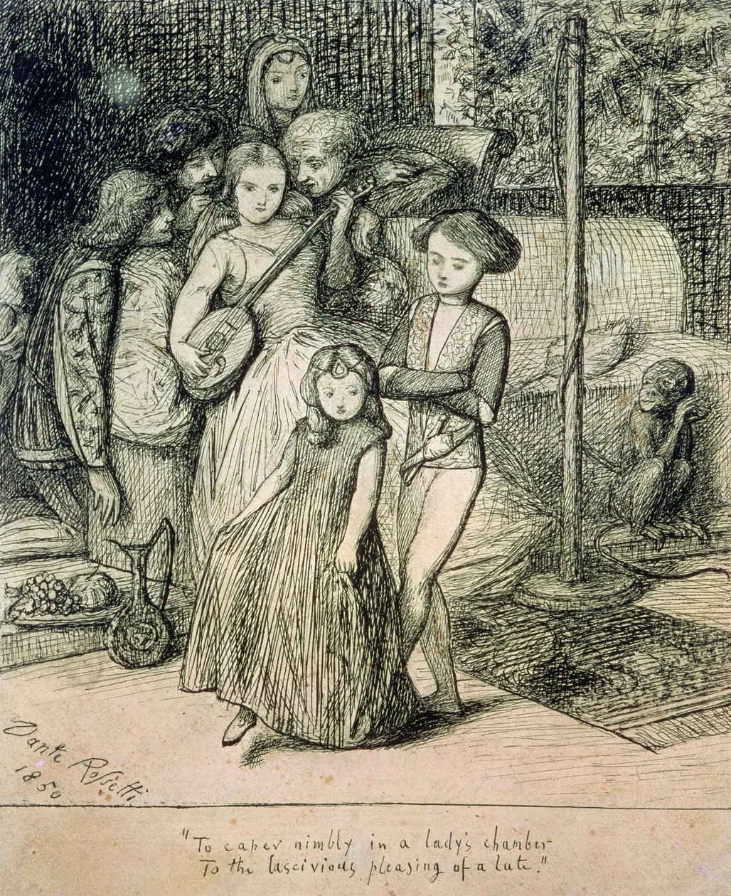 Caper Agilmente na Câmara de uma Senhora ao Lascivo Agradecimento de um Alaúde, 1850 (caneta e tinta no papel) de Dante Gabriel Charles Rossetti