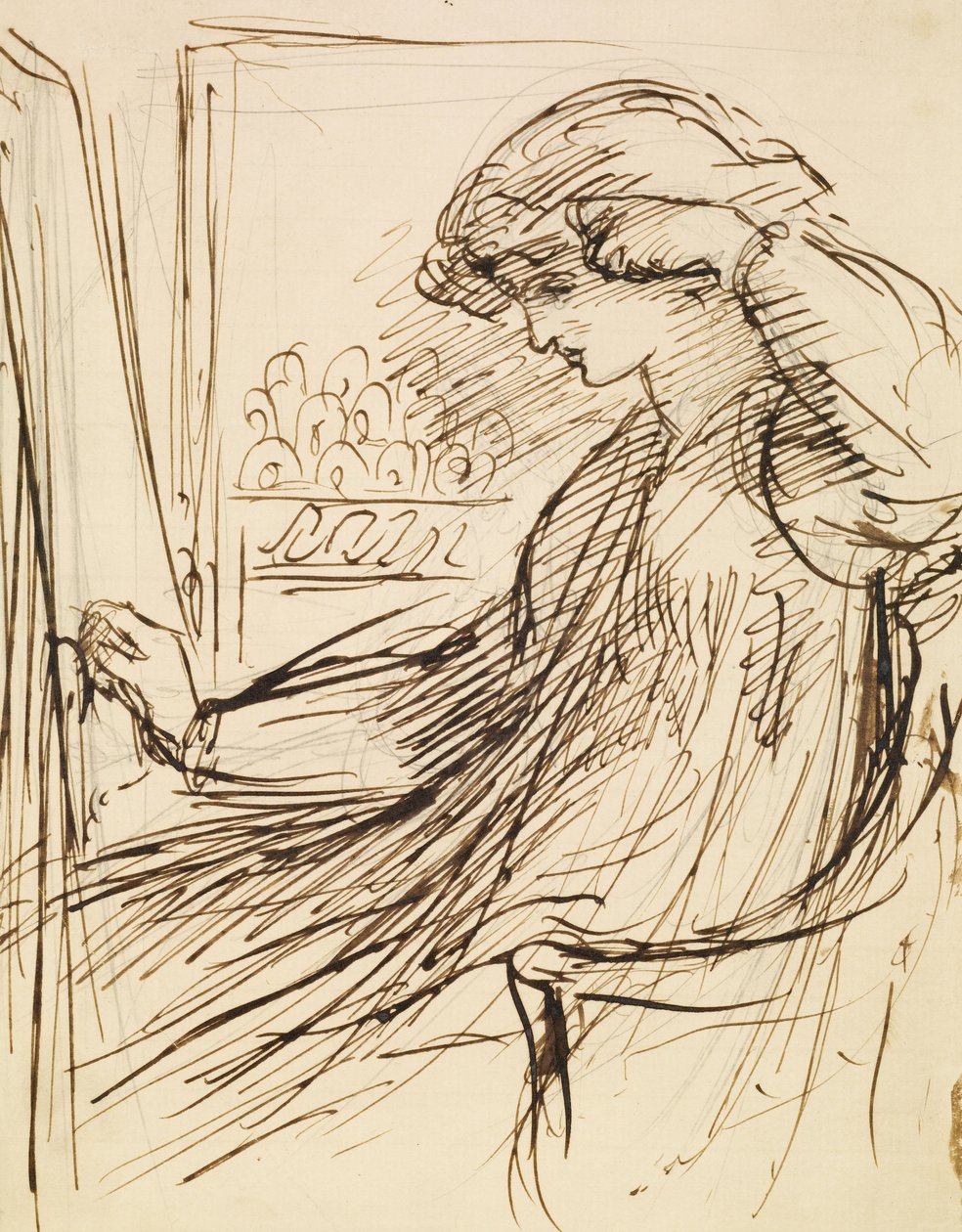 Mulher sentada em um quadro de bordado ou cavalete de Dante Gabriel Charles Rossetti