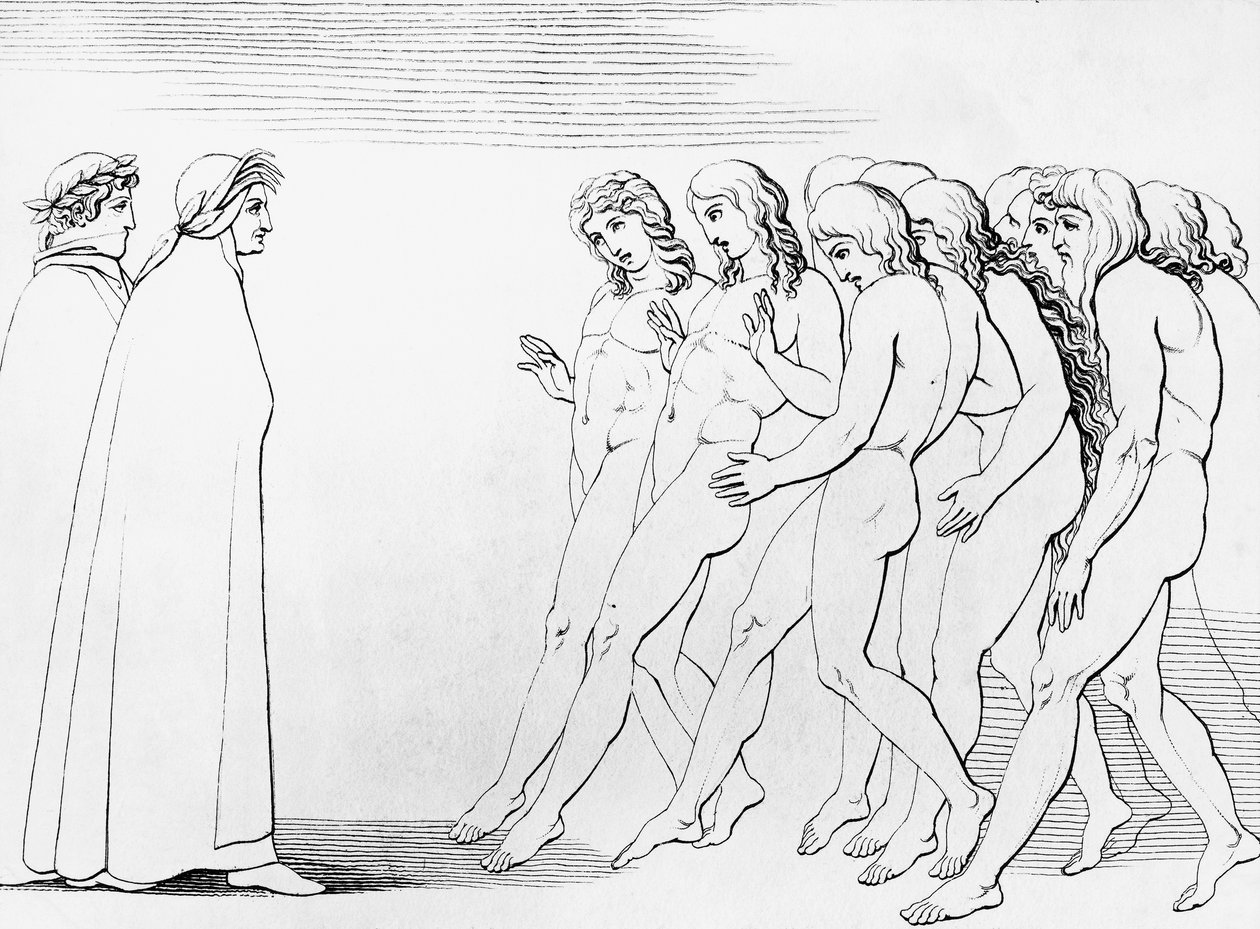 Almas assustadas ao verem que Dante está vivo, ilustração para o 3º canto do Purgatório, Divina Comédia, poema alegórico de Dante Alighieri (1265-1321) de Dante Alighieri