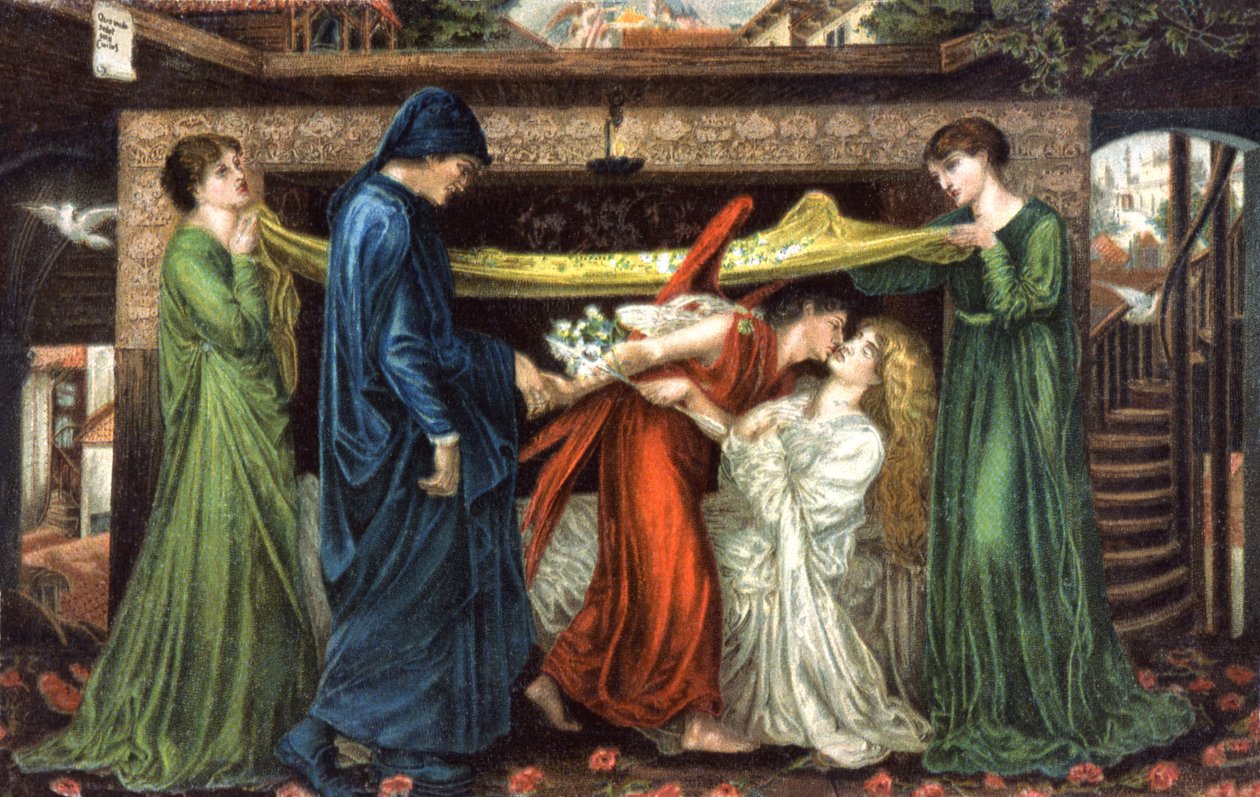 Dante Alighieri encontra-se com Beatrice, ca 1900 (cartão postal) de Dante Gabriel (after) Rossetti