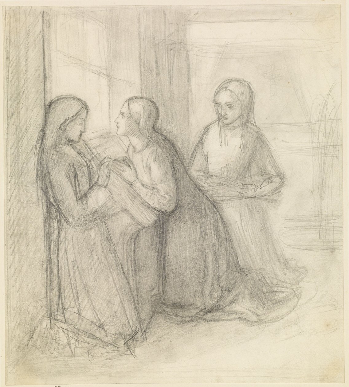 (Possivelmente) Santa Isabel da Hungria ajoelhada com as suas companheiras Isentrudis e Guta de Dante Gabriel Charles Rossetti