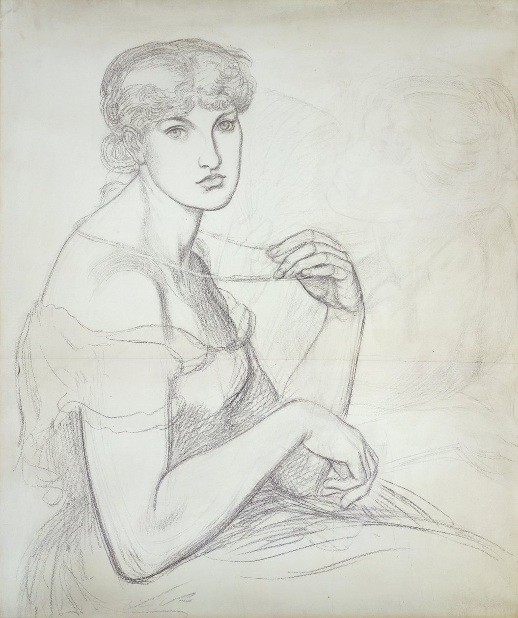 Uma mulher sentada segurando um colar, à direita Outra figura feminina, de Dante Gabriel Charles Rossetti