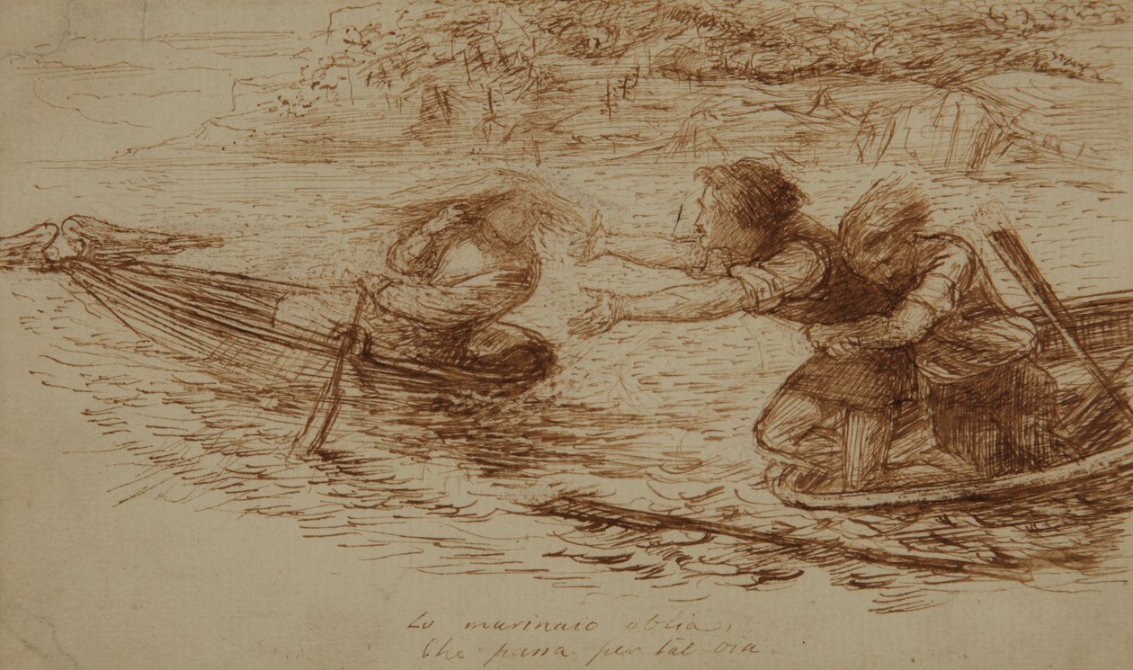 Barqueiros e sereia, c.1853 (caneta e tinta sobre papel) de Dante Gabriel Charles Rossetti