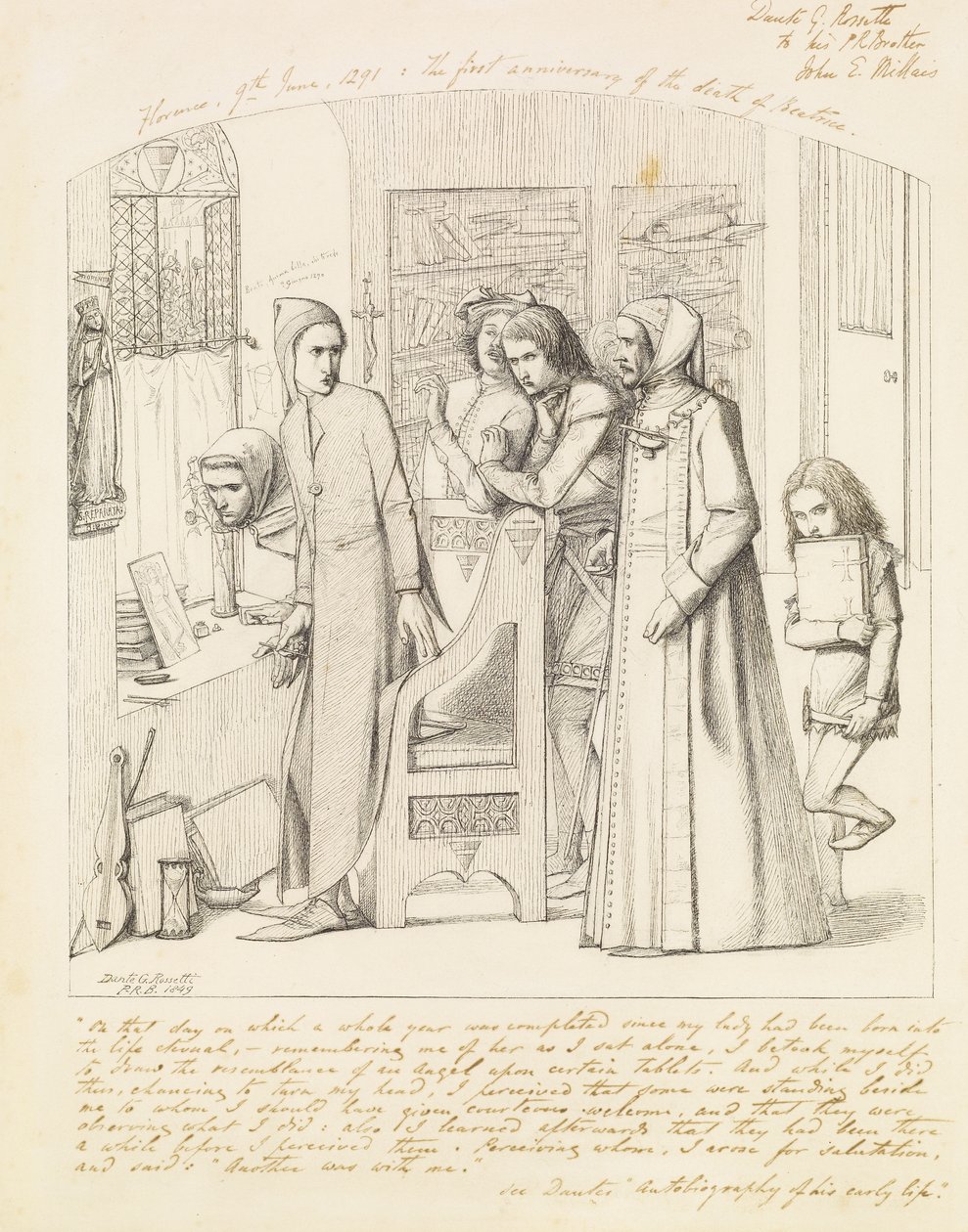 Dante Desenhando um anjo no primeiro aniversário da morte de Beatrice, 1848-9 de Dante Gabriel Charles Rossetti