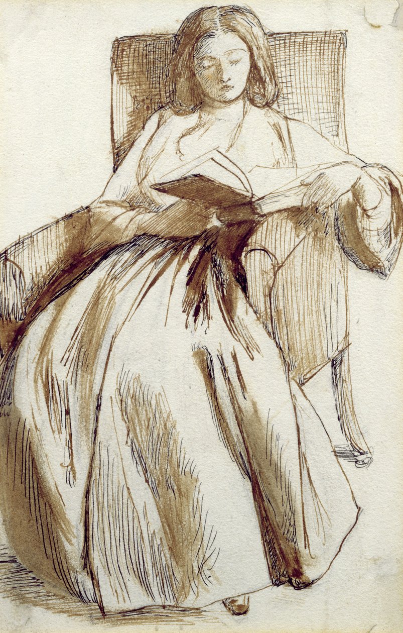Elizabeth Siddal lendo um livro (caneta e tinta e lavagem) de Dante Gabriel Charles Rossetti