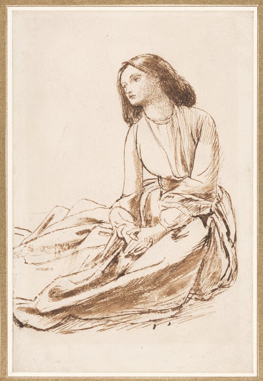 Elizabeth Siddal, sentada no chão (caneta, sépia e papel lavado) de Dante Gabriel Charles Rossetti