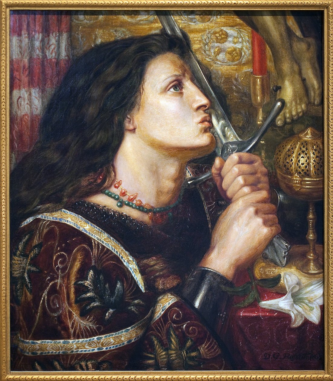 Joana d&39;Arc beijando a espada da libertação, 1863 de Dante Gabriel Charles Rossetti