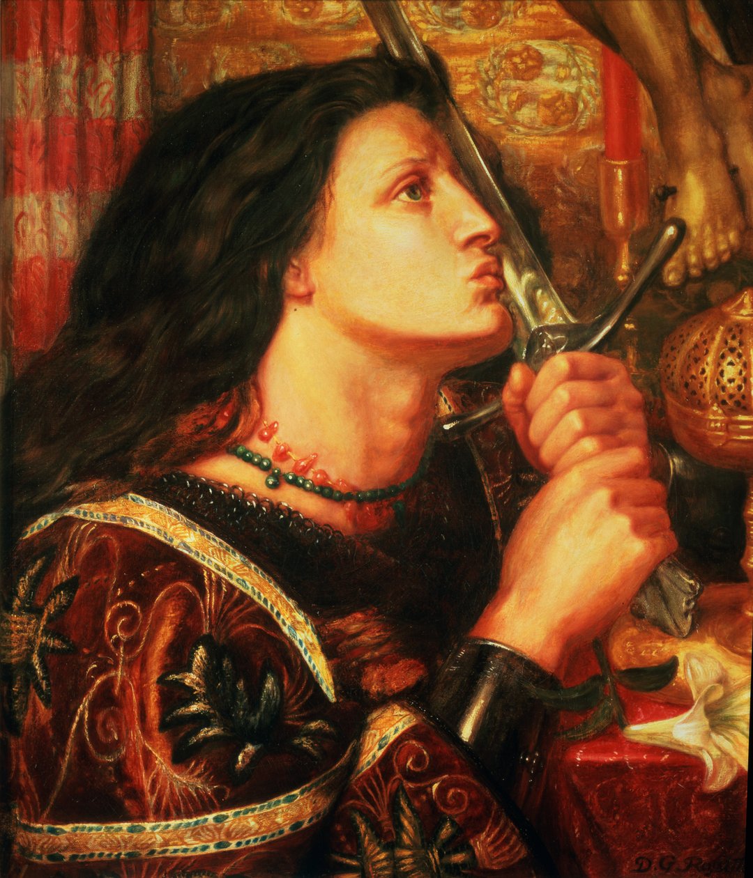 Joana d&39;Arc beijando a espada da libertação, 1863 de Dante Gabriel Charles Rossetti