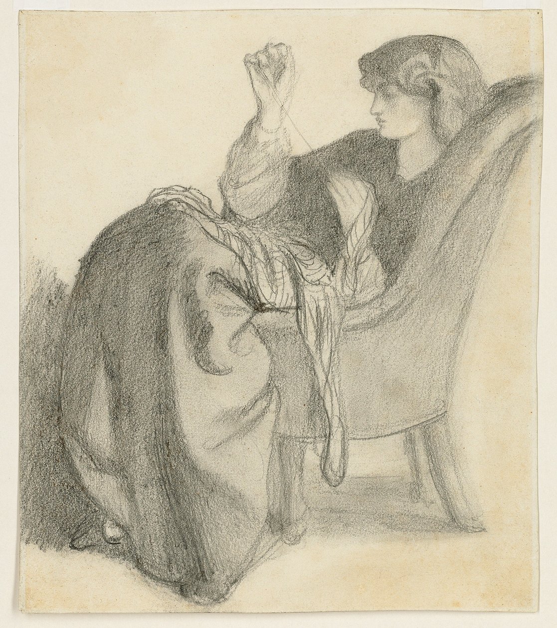 Lachesis: Estudo de Jane Morris sentado em uma cadeira de costura, década de 1860 de Dante Gabriel Charles Rossetti