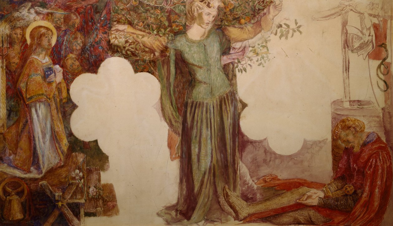 Sir Lancelot impediu, por seu pecado, entrar na Capela do Santo Graal. de Dante Gabriel Charles Rossetti