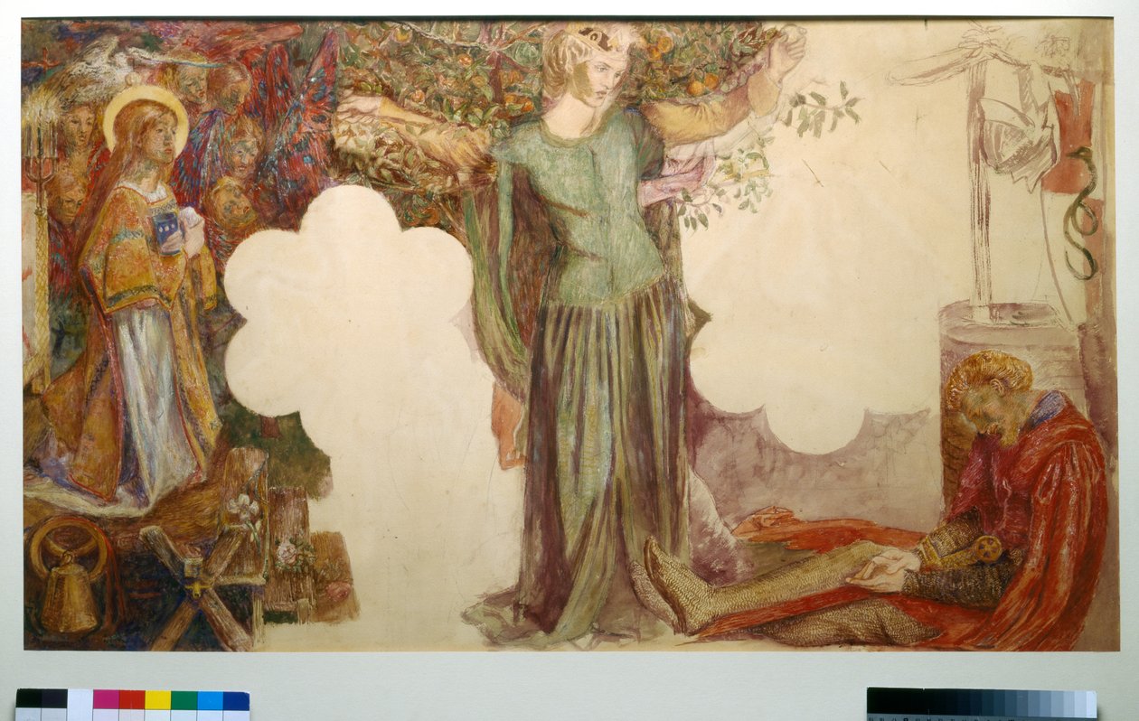 A Visão de Sir Lancelot, estudo para a pintura a fresco na União de Oxford de Dante Gabriel Charles Rossetti